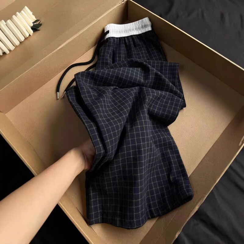 Casual Retro Plaid Sports Pants Women's Summer Lazy Style Loose Dipped Straight Comfortable Wide Leg Walking Pants for Women