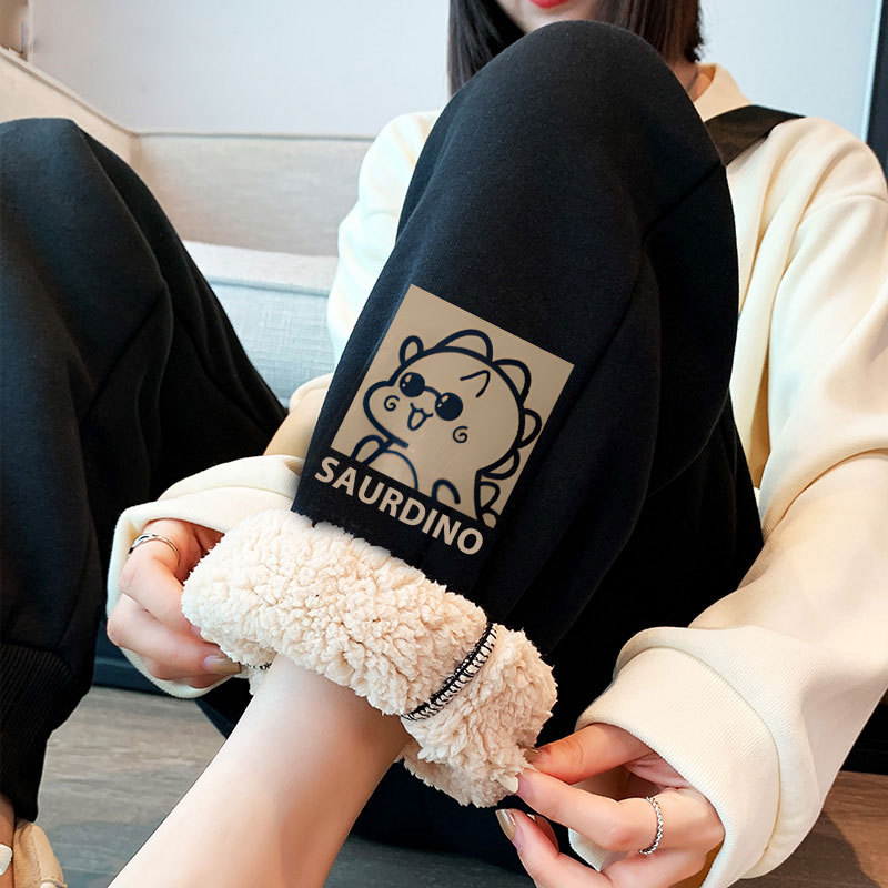 chubby girl Lamb Velvet Black Pants Women's plus size Sweatpants 125.00kg Winter fleece-lined Thickened Casual Loose Leg Pants