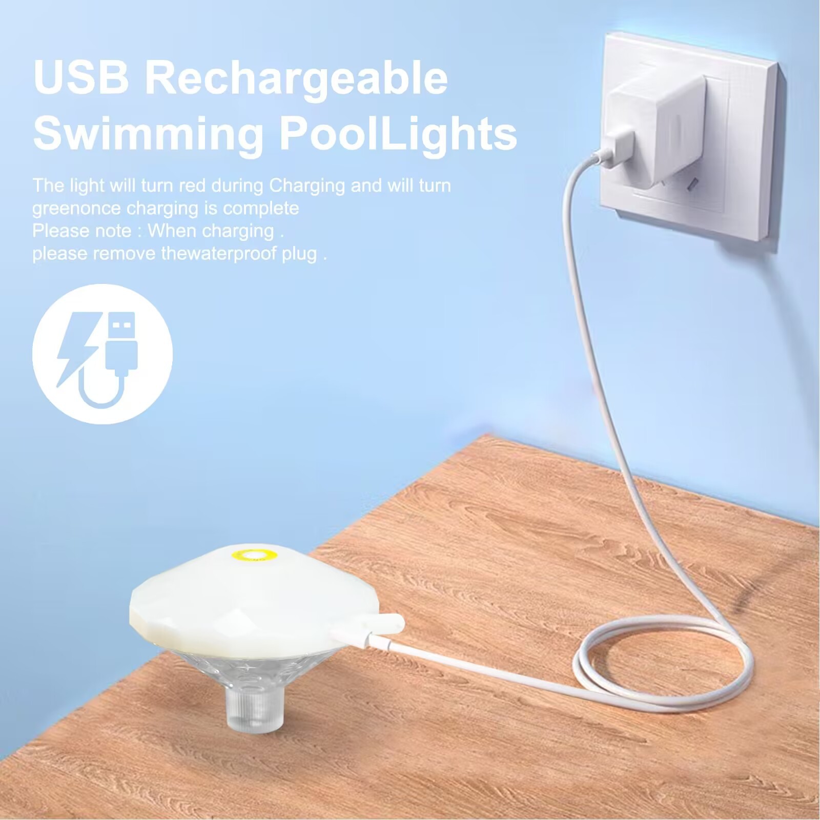 跨境私模LED防水七彩漂浮泳池灯USB充电款泳池灯游泳池水上装饰灯