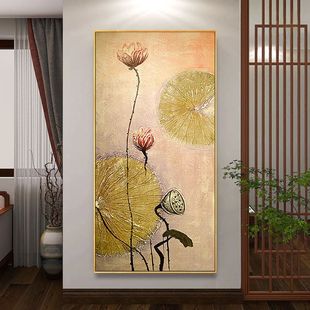 Purely Hand-Painted Oil Painting, New Chinese-Style Entrance Decoration Painting, Vertical Version, Corridor Aisle Hanging Painting, Southeast Asian Thai-Style Mural Lotus