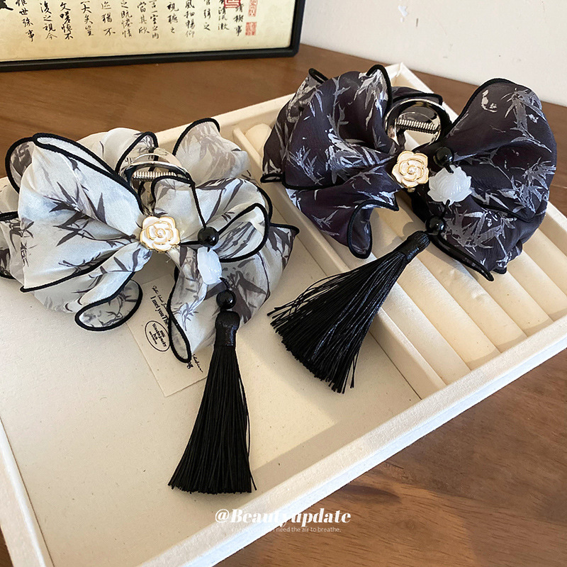 Nueva pintura en tinta china, pinza de caracteres chinos, hilo de red de súper hadas, lazo, borla de loto, pinza para el cabello, estilo antiguo, elegante, accesorios para el cabello femenino