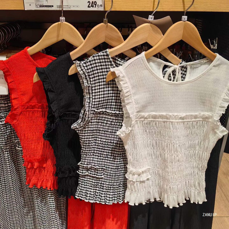 French-style Commuting Plaid Ruched Vest for Women, Summer Round Neck Bubble Gauze Ruched Sleeveless Top 488088