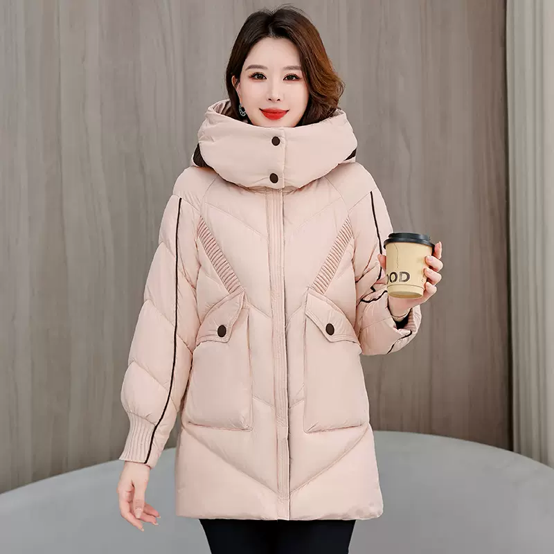 妈妈冬季羽绒棉服时尚宽松连帽中老年女装加厚纯色中长款棉袄外套