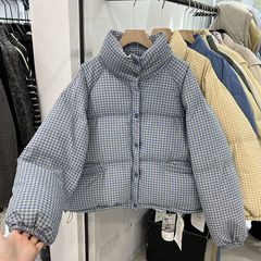 蓝色格子立领棉服女冬季新款2025韩系短款加厚小个子面包服外套