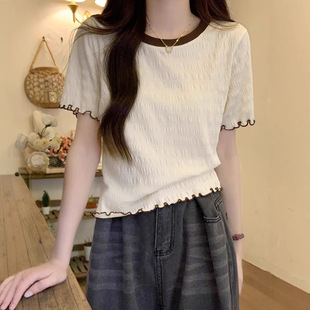 French-Style Chiffon Blouse with Ruffled Short Sleeves, Women's T-Shirt for Spring and Summer 2025, New Color-Blocking Short Regular Shoulder Round Neck Top