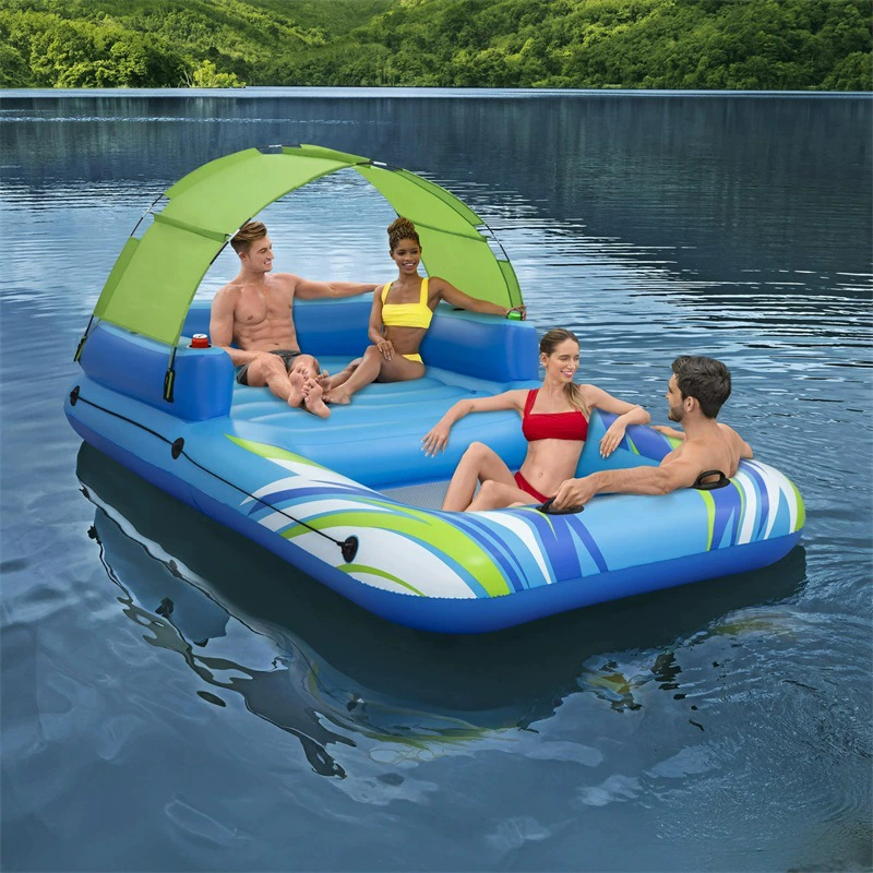 Трансграничные 4 человека надувной плавучий остров плавающий бассейн плот с солнцезащитным козырьком, спинка и чашка сиденья надувной большой плавучий островной шезлонг