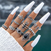 Cross -border jewelry 15 -piece rings Personalized tide Fan Hollow Lotus Flower Geometric Black Gem Set Ring