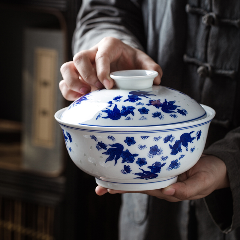 景德镇中式陶瓷碗带盖子家用圆形带盖碗微波炉适用青花瓷带盖石力