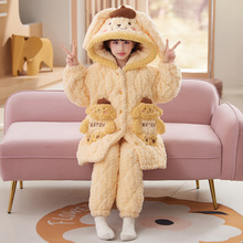 冬季儿童珊瑚绒睡衣三层夹棉中长款加厚加绒保暖女童法兰绒家居服