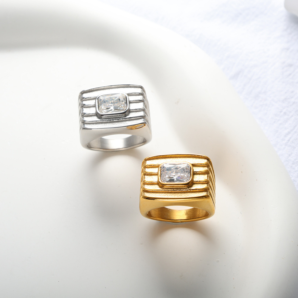 Fashionable retro golden ring with stone stainless steel with zircon…