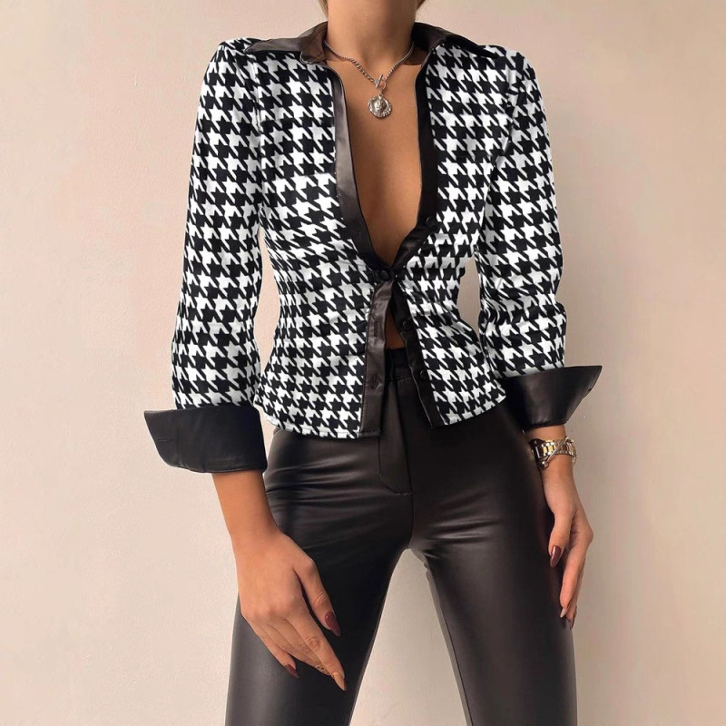 2023 Amazon Explosions Independent Station wish Spring Long Sleeve V-Neck Pu Leather Stitching Women's Shirt Shirt Women