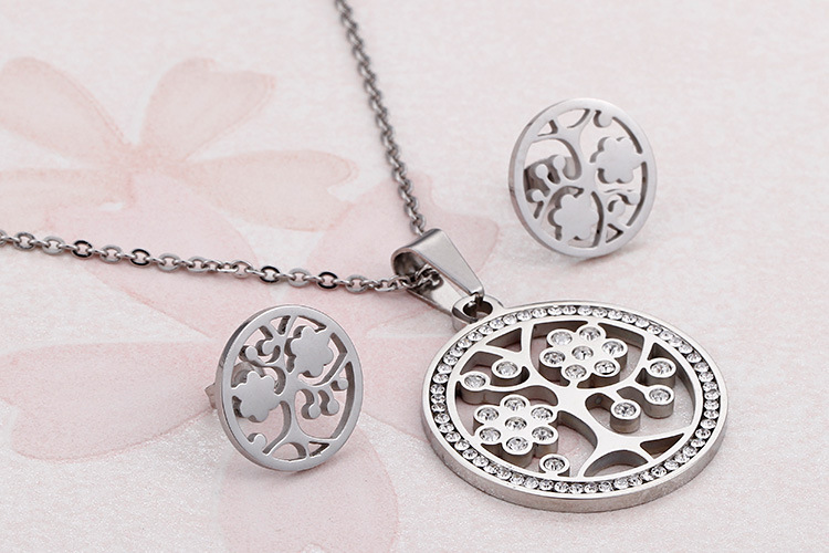 Fashion Titanium Steel Diamond Pendant Tree of Life Necklace Earrings Set
