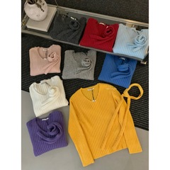 【MISS密思家】V领简约软糯坑条厚实套头毛衣女装(配领带)A06708