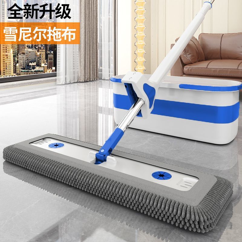 New Chenille Hands-Free Flat Mop with Thick Double Cloth for Wooden Floors, Large Magic Mop with Bucket, One-Step Cleaning