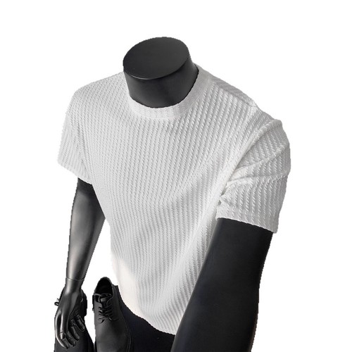 Cleanfit Black Striped Knit Short-Sleeve Men's Summer Elastic Chiffon T-shirt with Small Collar for Layering and Base Layer