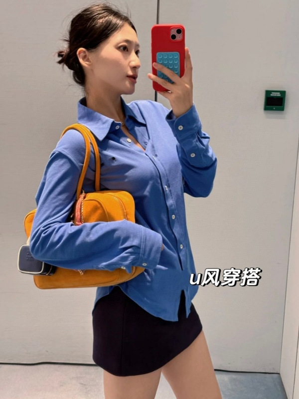 南油M家谬风25春夏衬衫长袖刺绣logo翻领纽扣开衫单排扣立体刺绣|undefined