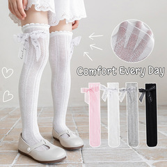 女童過膝長筒襪春夏薄款兒童高筒蝴蝶結公主打底襪子小女孩網眼襪