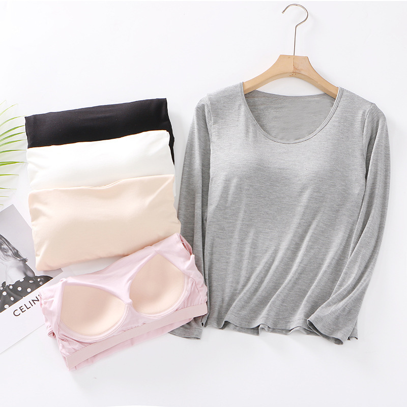 Women's thin long-sleeved T-shirt round Tie Cup integrated wireless yoga all-match slim bottoming shirt wear-free bra Women's thin long-sleeved T-shirt round Tie Cup integrated wireless yoga all-match slim bottoming shirt wear-free bra