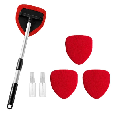 Car cleaning tools: Window Scraper Telescopic Rod Set - pentagonal-telescopic-pole-4-red-cloth-covers-2-spray-bottles