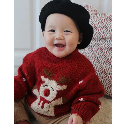 Red New Year greeting suit three-dimensional nose boys and girls Christmas sweater pullover sweater top children's sweater wholesale