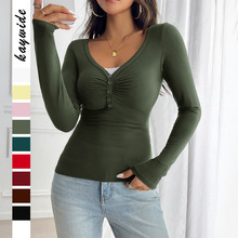 迪芸跨境欧美休闲度假V领长袖打底衫T恤女装2025秋冬亚马逊独立站