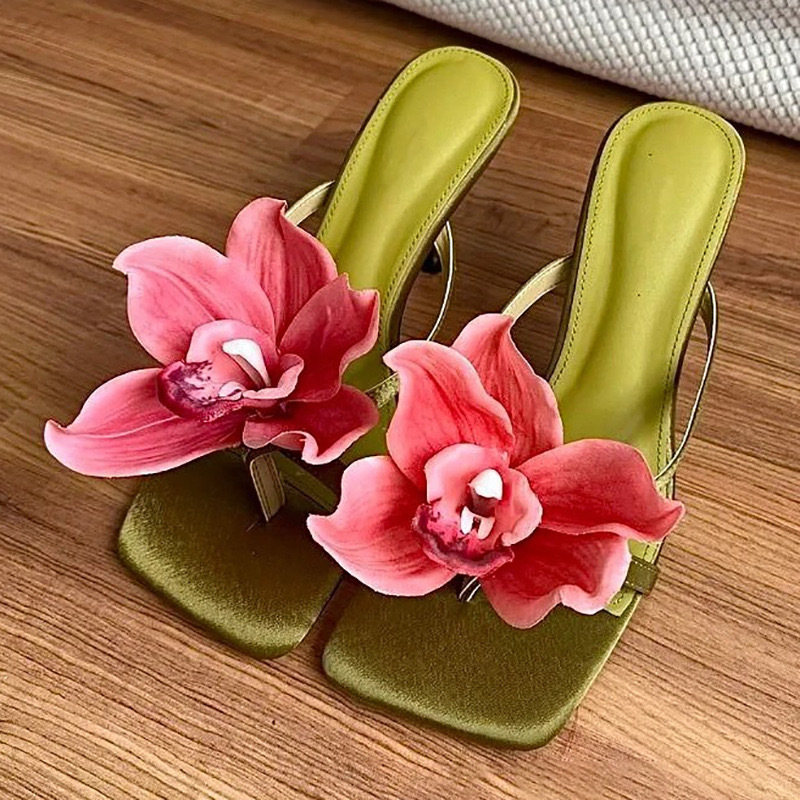 Cro-border Plu-ize Quare-toed For Outdoor Wear, Half-heel Wedge High-heeled Hoe, Women' Thai Niche Floral_vogvips.com