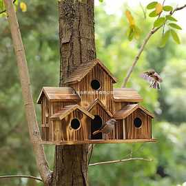 跨境木质蜂鸟鸟窝实木鸟屋摆件田园户外鸟巢别墅式园艺挂件喂鸟器