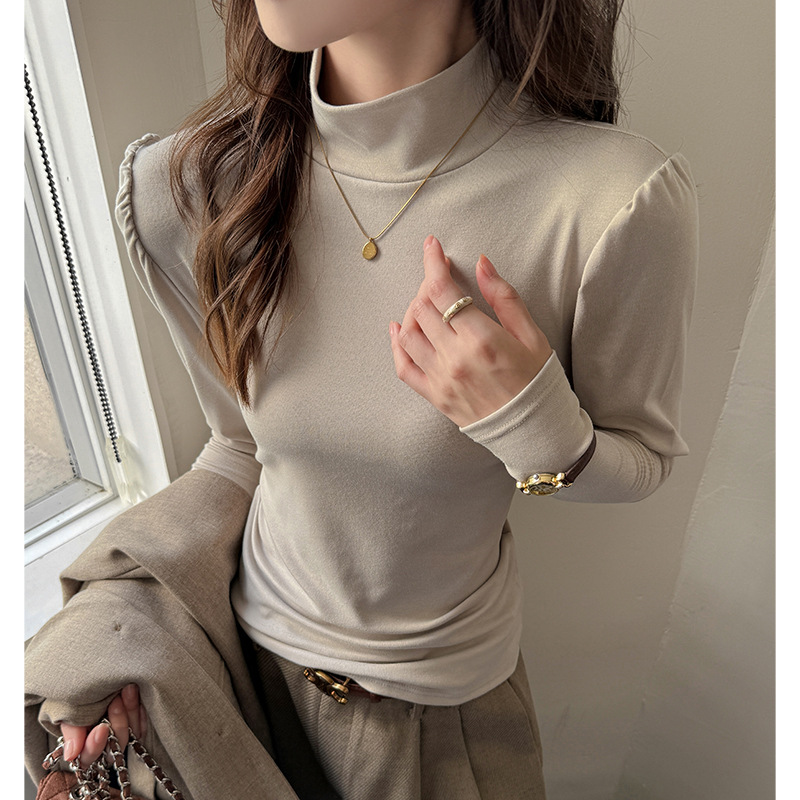 W韩系设计感泡泡袖打底衫女秋冬内搭显瘦半高领天丝莱赛尔上衣