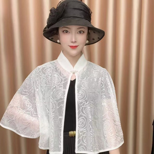 Summer Shawl with Cheongsam, Black Lace Stand-Up Collar Cloak, Ceremonial Cheongsam, Banquet Toast Dress, Thin Cloak