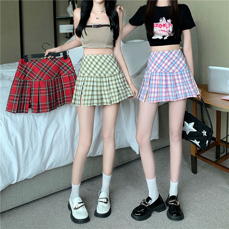 Real shot real price summer American college retro style slit show leg length contrast color plaid pleated skirt skirt skirt