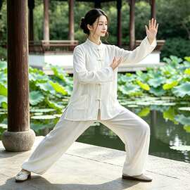 新款 宽松太极服两件套新中式晨练棉麻套装八段锦练功服居士服