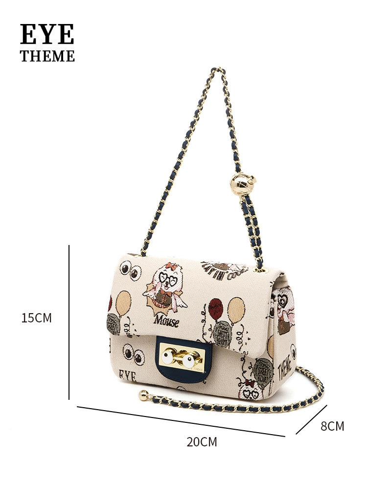 Dibujos animados lindo patrón de tela bordado para mujer bolso de cadena con cierre de solapa bolso cuadrado pequeño casual para mujer lona 2708 #