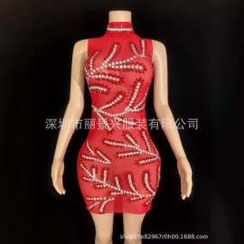 跨境演出服性感个性吸汗无痕弹力舞服防震设计感单袖红色花纹