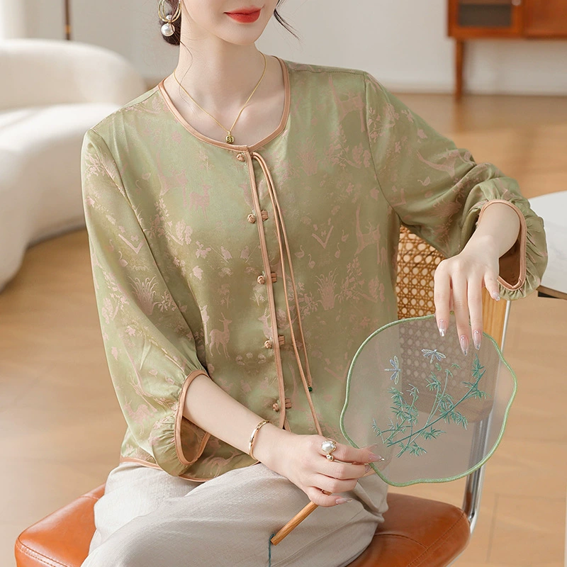 2025 новая китайская женская одежда в китайском стиле мама рубашка женская весна и лето средний и пожилой жаккардовый жаккардовый шелк рубашка большого размера