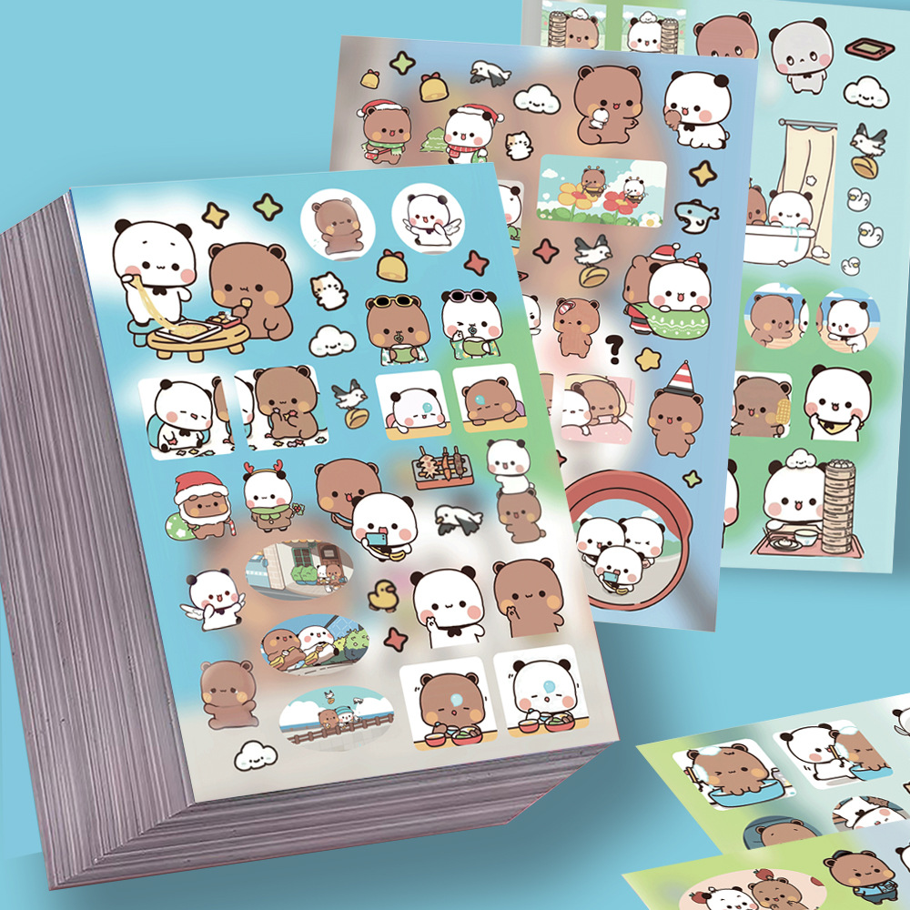 8 Sheets of One-Piece Die-Cut Stickers Featuring Panda and Brown Bear, Healing and Cute, Suitable for Journals, Waterproof Stickers