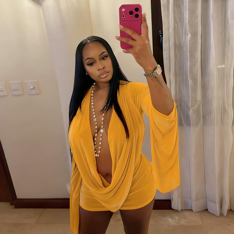 Women's Sexy Mesh Cowl Neck Flared Long Sleeve Backless Bodycon Mini Dress – Casual Resort Gown For Summer_ecoleips.com