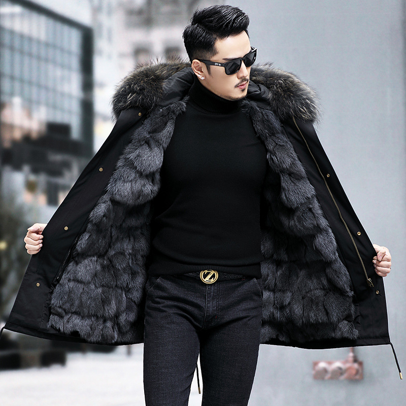 중간 길이 블랙 케이스 헤이즈 블루 폭스 퍼 라이너