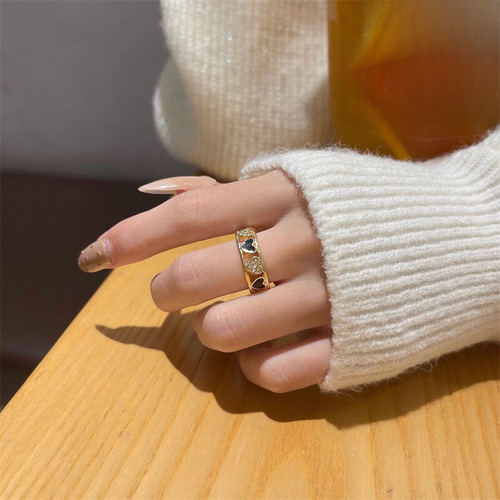 Autumn Trend Heart Micro-Setting Japanese Style Ring for Women, Unique Design, Finger Ring with Openable Adjustment, Women's High-End Elegance