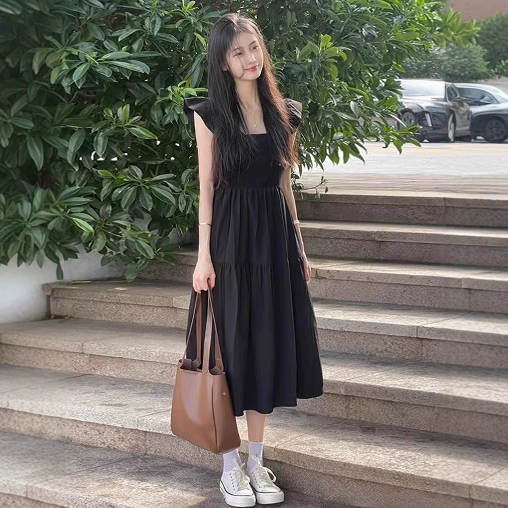 Французские маленькие летающие рукава Черное платье без рукавов с квадратным вырезом