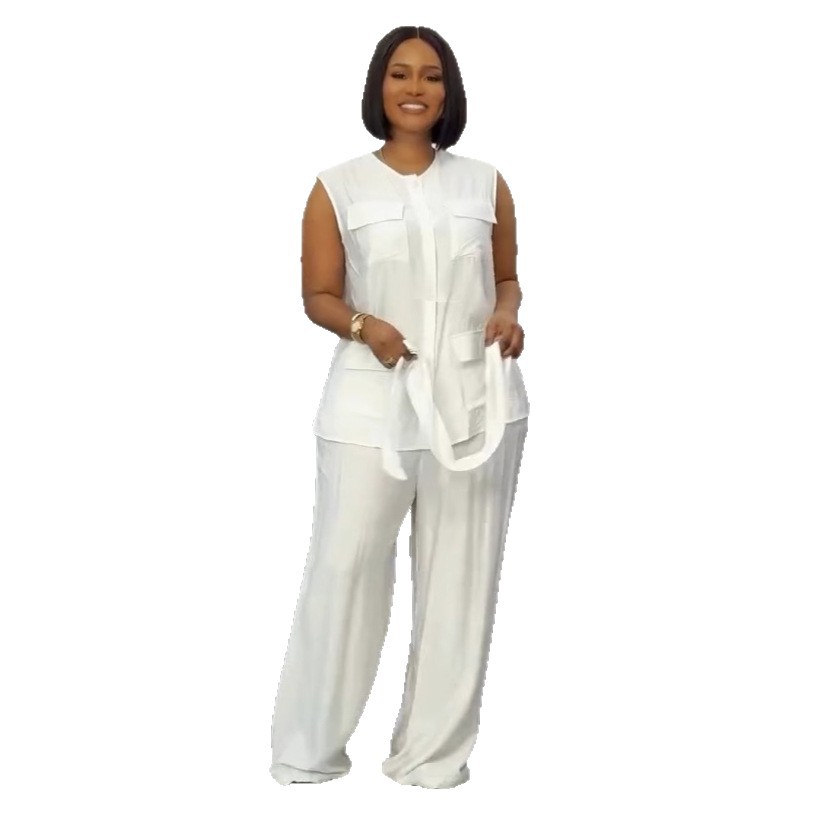 Elegant Sleeveless Vest & Wide-Leg Pants Set – Breathable Polyester Two-Piece Outfit (White/Pink/Yellow/Orange, S-3XL)_ecoleips.com