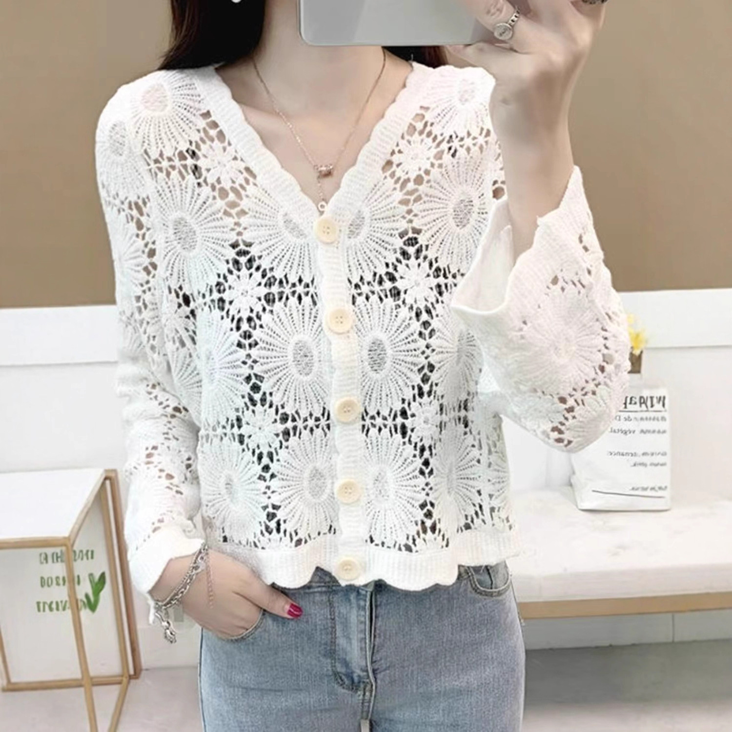2025 Summer Women's Hollow Crochet Knitted Cardigan Korean Style Loose V-Neck Short Sun Protection Outer Jacket