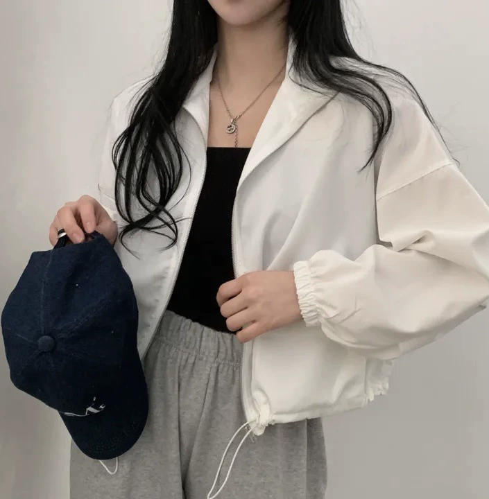 Short Windproof Baseball Jacket, Women, Summer Thin Sun-Protective Drawstring, Retro Fit