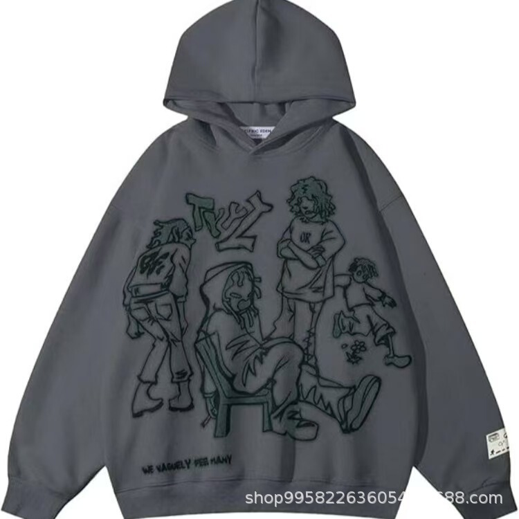 ラインキャラクタープリントフード付きスウェットシャツボーイズハイストリートファッションブランドデザインニッチルーズ秋冬プルオーバーパーカー|undefined