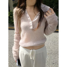 现货 vegetable秋季新款温柔清透马海毛翻领半系扣宽松针织衫毛衣