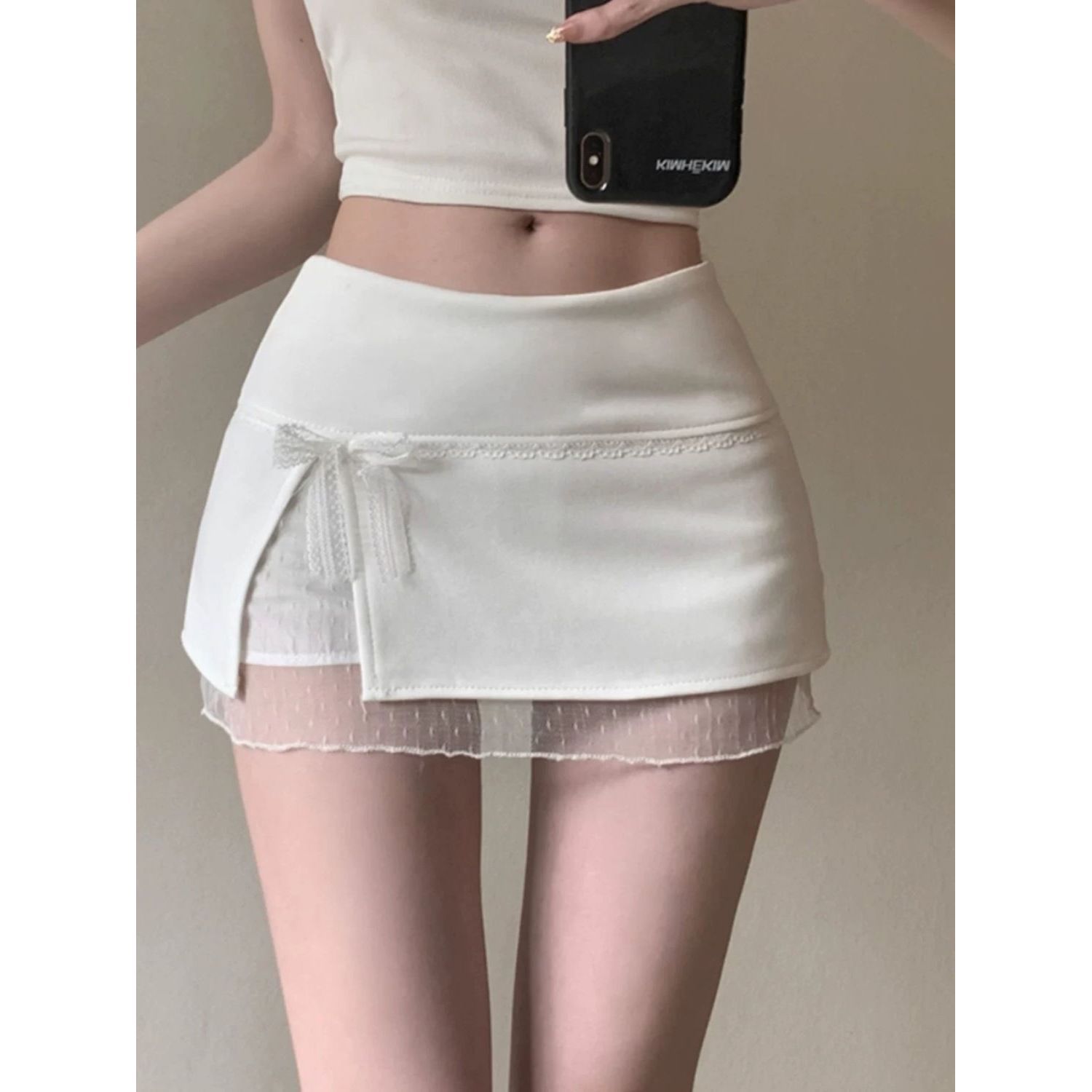2025 New Sweet Girl Pure Lust Sexy Lace Stitching Bow Double Layer Anti-Exposure A-Line Hip Skirt Women's Spring