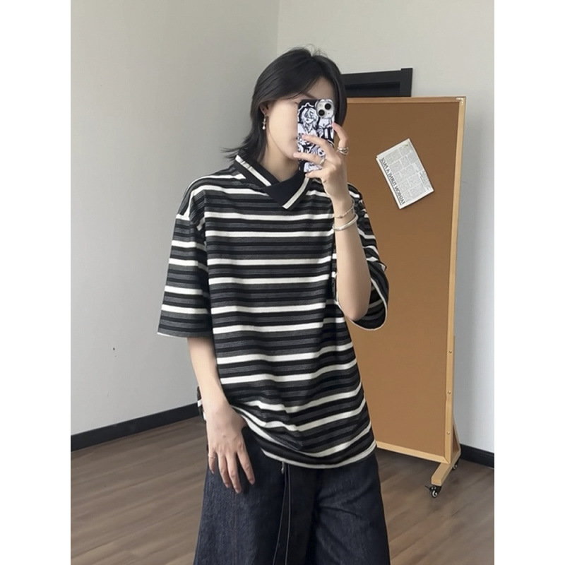 Irregular Neckline Stripesd Short-Sleeved Polo Shirt Men's Summer New Trendyy Design Loose Casual Half-Sleeved T-Shirt