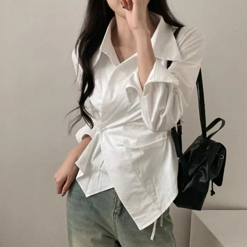 韩版设计不规则收腰秋季衬衣条纹学院风衬衫长袖新款显瘦上衣|undefined