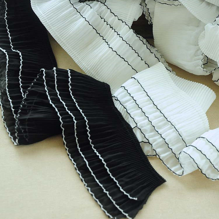 Black and white three-layer chiffon fabric pleated micro-elastic lace accessories ribbon collar cuffs skirt hem decoration