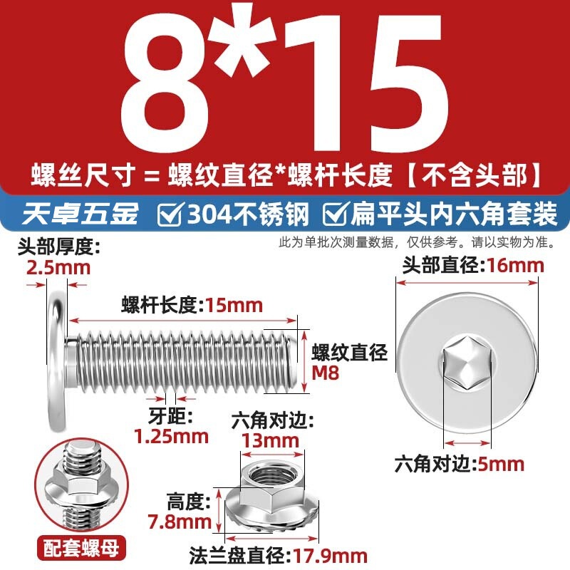 304不锈钢CM大平头超薄头C头扁平头内六角螺丝钉法兰边螺母套装M5|undefined