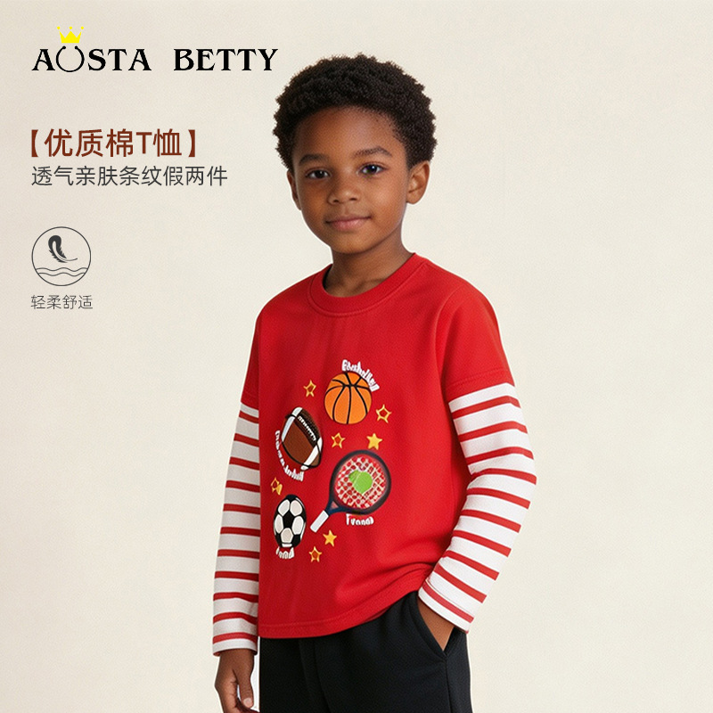 AostaBetty宝宝长袖T恤欧美风卡通印花男童圆领长袖打底上衣混批